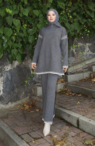 Gebreid Tuniek Met Ritskraag Broek Tweedelig Pak 1061-07 Grijs 1061-07