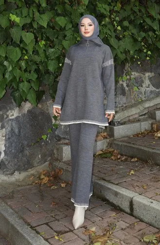 Ensemble Deux Pièces En Tricot Tunique Et Pantalon à Col Zippé 1061-07 Gris 1061-07