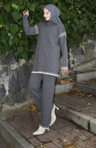 Ensemble Deux Pièces En Tricot Tunique Et Pantalon à Col Zippé 1061-07 Gris 1061-07