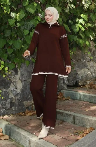 بدلة محبوكة من قطعتين مع سحاب وياقة وبنطلون 1061-08 بني 1061-08