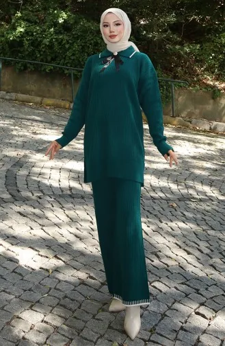 Ensemble Deux Pièces Tunique Et Pantalon En Tricot Avec Ruban Détaillé 1064-01 Pétrole 1064-01