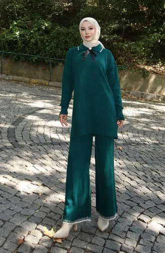 Ensemble Deux Pièces Tunique Et Pantalon En Tricot Avec Ruban Détaillé 1064-01 Pétrole 1064-01