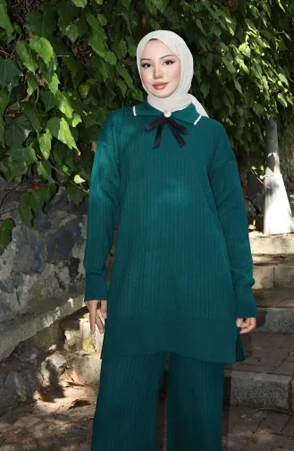 Ensemble Deux Pièces Tunique Et Pantalon En Tricot Avec Ruban Détaillé 1064-01 Pétrole 1064-01
