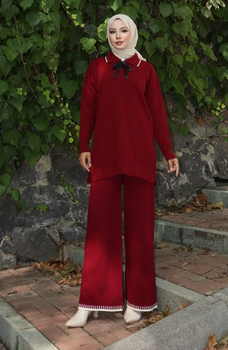 Ensemble Deux Pièces Tunique Et Pantalon En Tricot Avec Rubans 1064-02 Bordeaux 1064-02