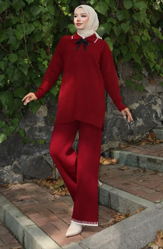 Ensemble Deux Pièces Tunique Et Pantalon En Tricot Avec Rubans 1064-02 Bordeaux 1064-02