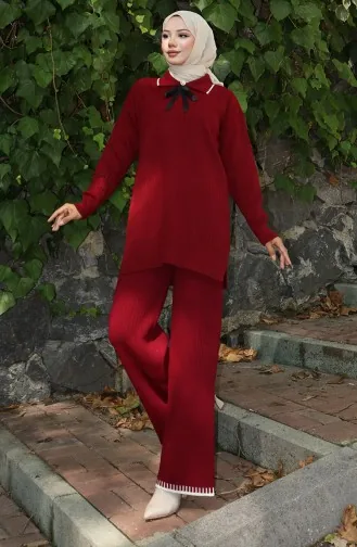 Strickmode Band Detail Tunika Hose Zweiteiler Anzug 1064-02 Weinrot 1064-02