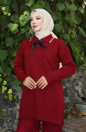 Ensemble Deux Pièces Tunique Et Pantalon En Tricot Avec Rubans 1064-02 Bordeaux 1064-02