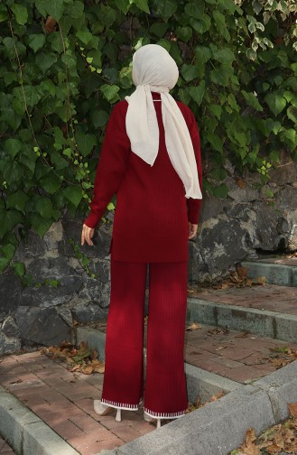 Ensemble Deux Pièces Tunique Et Pantalon En Tricot Avec Rubans 1064-02 Bordeaux 1064-02