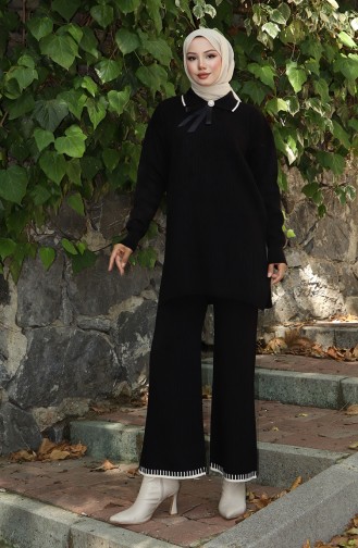 Ensemble Deux Pièces Tunique Et Pantalon En Tricot Avec Ruban Détaillé 1064-04 Noir 1064-04