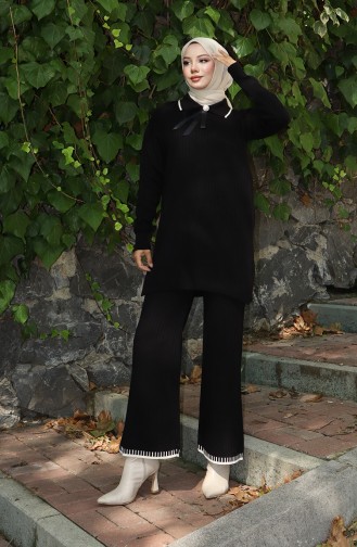 Ensemble Deux Pièces Tunique Et Pantalon En Tricot Avec Ruban Détaillé 1064-04 Noir 1064-04