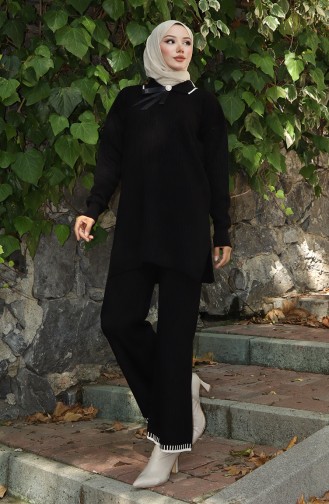 Ensemble Deux Pièces Tunique Et Pantalon En Tricot Avec Ruban Détaillé 1064-04 Noir 1064-04