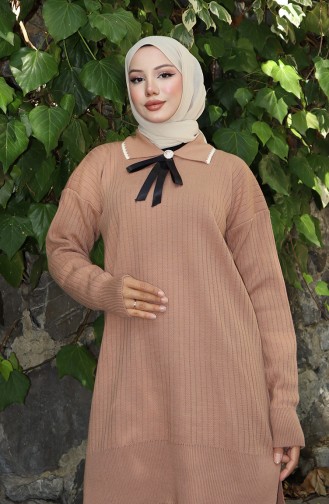Ensemble Deux Pièces Tunique Et Pantalon En Tricot Avec Rubans 1064-05 Café Au Lait 1064-05