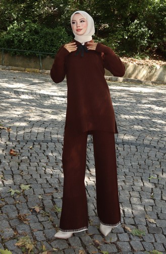 Ensemble Deux Pièces Tunique Et Pantalon En Tricot Avec Rubans 1064-07 Marron 1064-07