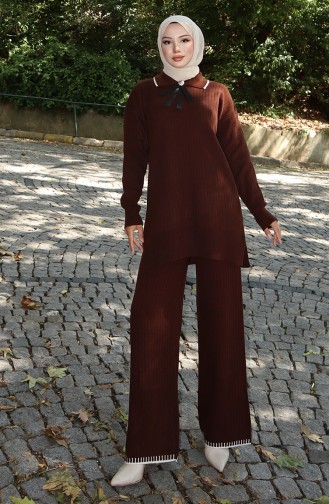 Ensemble Deux Pièces Tunique Et Pantalon En Tricot Avec Rubans 1064-07 Marron 1064-07