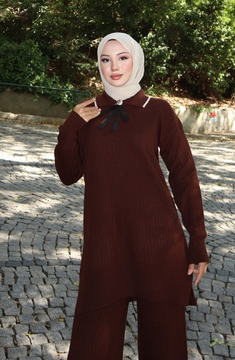 Ensemble Deux Pièces Tunique Et Pantalon En Tricot Avec Rubans 1064-07 Marron 1064-07