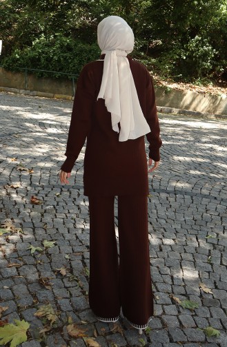 Ensemble Deux Pièces Tunique Et Pantalon En Tricot Avec Rubans 1064-07 Marron 1064-07
