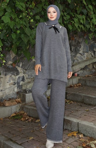 Ensemble Deux Pièces Tunique Et Pantalon En Tricot Avec Rubans 1064-08 Gris 1064-08