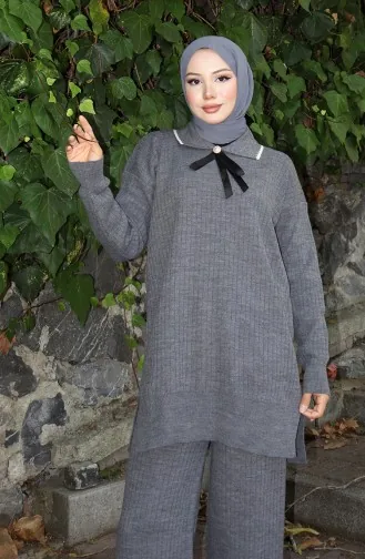 Gebreid Lint Gedetailleerd Tuniek Broek Tweedelig Pak 1064-08 Grijs 1064-08