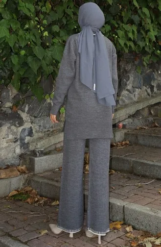 Gebreid Lint Gedetailleerd Tuniek Broek Tweedelig Pak 1064-08 Grijs 1064-08