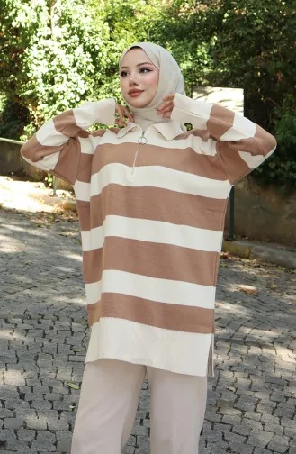 Tunique Zippée En Tricot Color Block 3003-02 Milk Coffee 3003-02