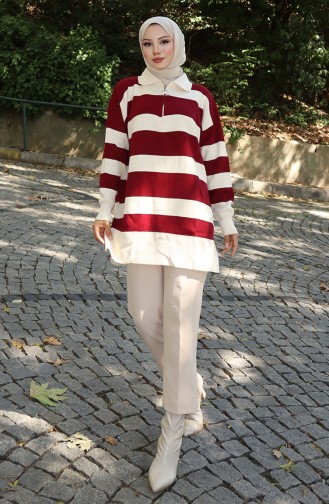 Knitwear Color Block Zippered Tunic 3003-03 Claret Red 3003-03