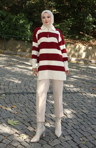 Knitwear Color Block Zippered Tunic 3003-03 Claret Red 3003-03