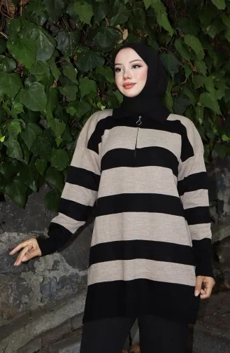 Triko Renk Bloklu Fermuarlı Tunik 3003-05 Vizon