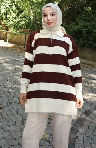 Triko Renk Bloklu Fermuarlı Tunik 3003-06 Kahverengi