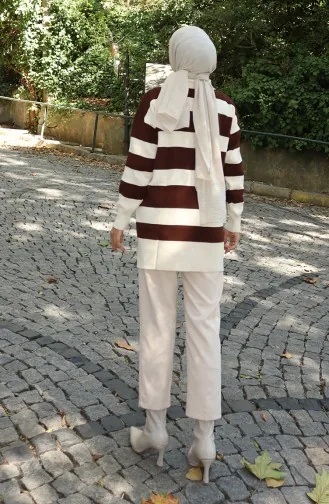 Triko Renk Bloklu Fermuarlı Tunik 3003-06 Kahverengi
