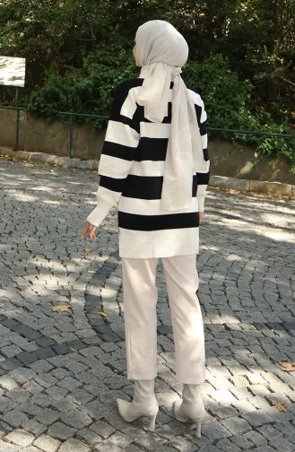 Triko Renk Bloklu Fermuarlı Tunik 3003-10 Bej Siyah