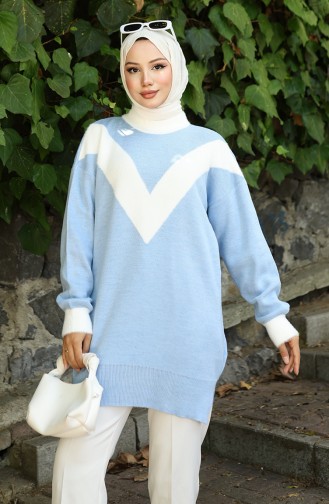 Knitwear V Pattern Garnished Tunic 3017-01 Blue 3017-01