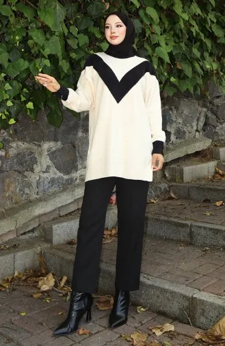 سترة محبوكة مزينة بنقشة حرف V 3017-09 بيج 3017-09