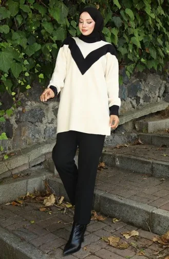 سترة محبوكة مزينة بنقشة حرف V 3017-09 بيج 3017-09