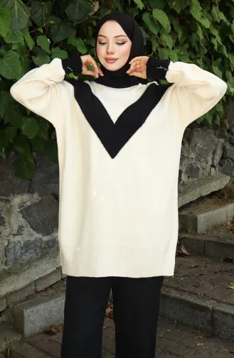 سترة محبوكة مزينة بنقشة حرف V 3017-09 بيج 3017-09