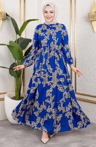 Leopar Desenli Viskon Elbise 7135-02 Mavi