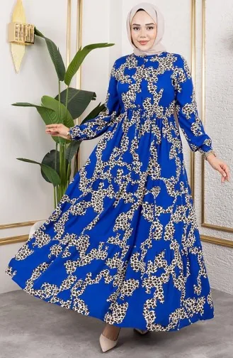 Leopar Desenli Viskon Elbise 7135-02 Mavi