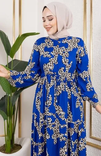 Leopar Desenli Viskon Elbise 7135-02 Mavi