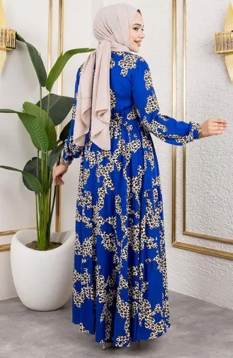 Leopar Desenli Viskon Elbise 7135-02 Mavi