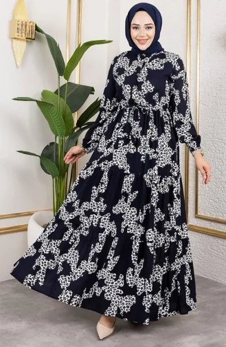Leopar Desenli Viskon Elbise 7135-03 Lacivert
