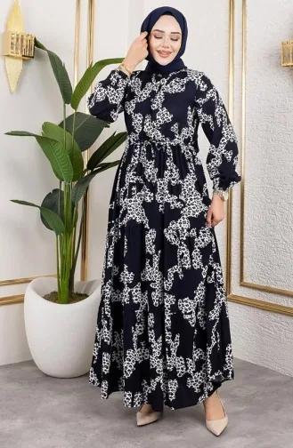 Leopar Desenli Viskon Elbise 7135-03 Lacivert