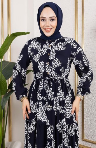Robe En Viscose à Motif Léopard 7135-03 Bleu Marine 7135-03
