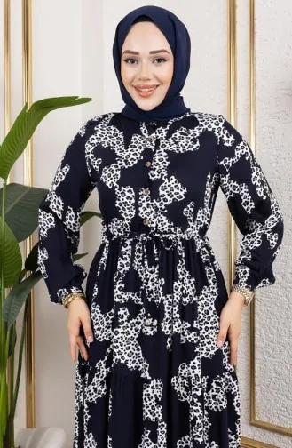 Leopar Desenli Viskon Elbise 7135-03 Lacivert