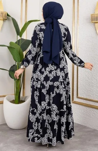 Leopar Desenli Viskon Elbise 7135-03 Lacivert