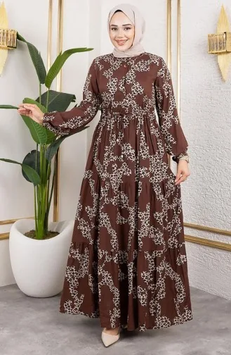 Leopar Desenli Viskon Elbise 7135-05 Kahverengi
