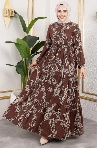 Leopar Desenli Viskon Elbise 7135-05 Kahverengi