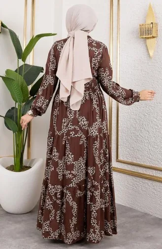Leopar Desenli Viskon Elbise 7135-05 Kahverengi