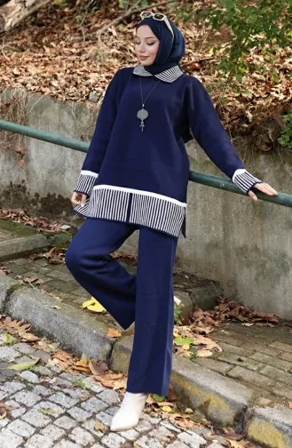 Ensemble Deux Pièces Tunique Et Pantalon à Rayures En Tricot 1066-01 Bleu Marine 1066-01