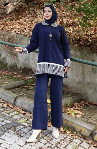 Ensemble Deux Pièces Tunique Et Pantalon à Rayures En Tricot 1066-01 Bleu Marine 1066-01