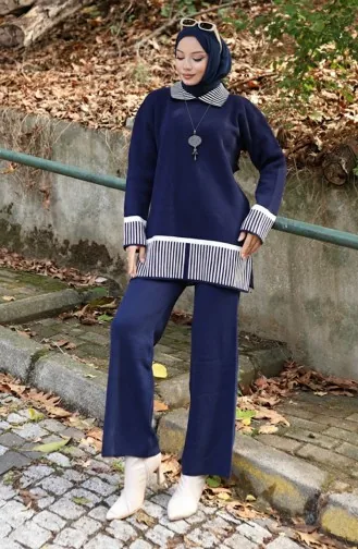 Ensemble Deux Pièces Tunique Et Pantalon à Rayures En Tricot 1066-01 Bleu Marine 1066-01