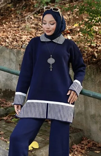 Ensemble Deux Pièces Tunique Et Pantalon à Rayures En Tricot 1066-01 Bleu Marine 1066-01